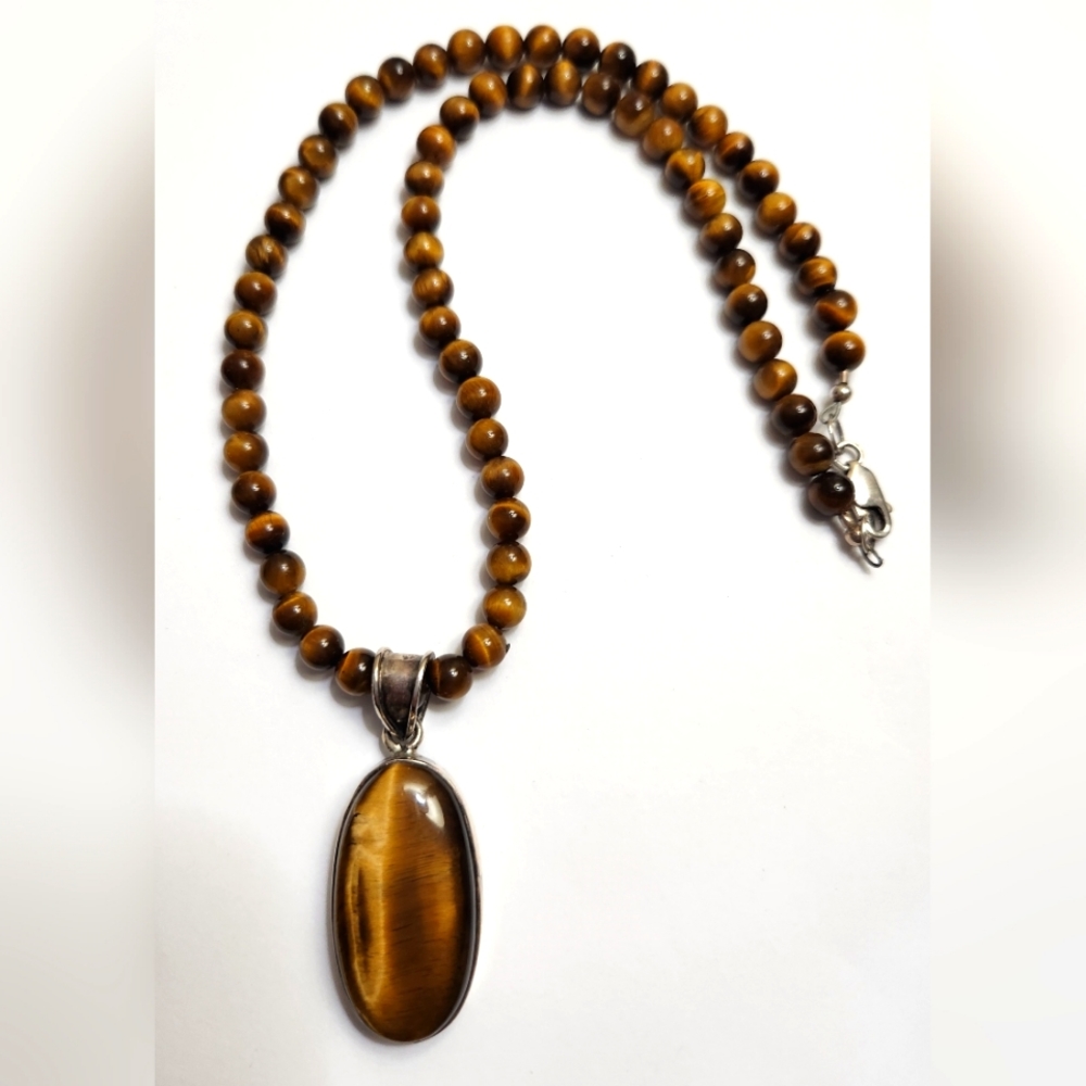 Beautiful Silken Tigers Eye Necklace, Sterling Silver Bezel, 16" + 2" Pendant